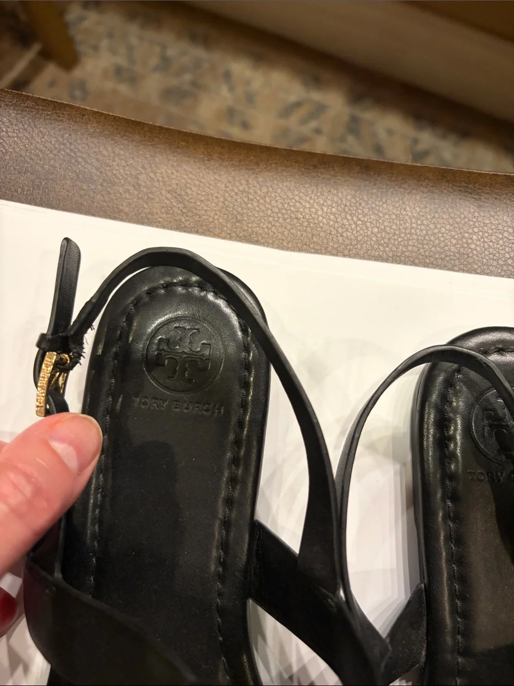 Tory Burch Black Leather Sandals with Gold Logo Medallions